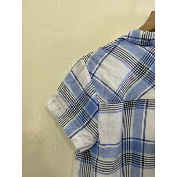 Linen Button Up Tunic Shirt Check Plaid Dress Coastal Cottage Resort Preppy - Picture 11 of 15